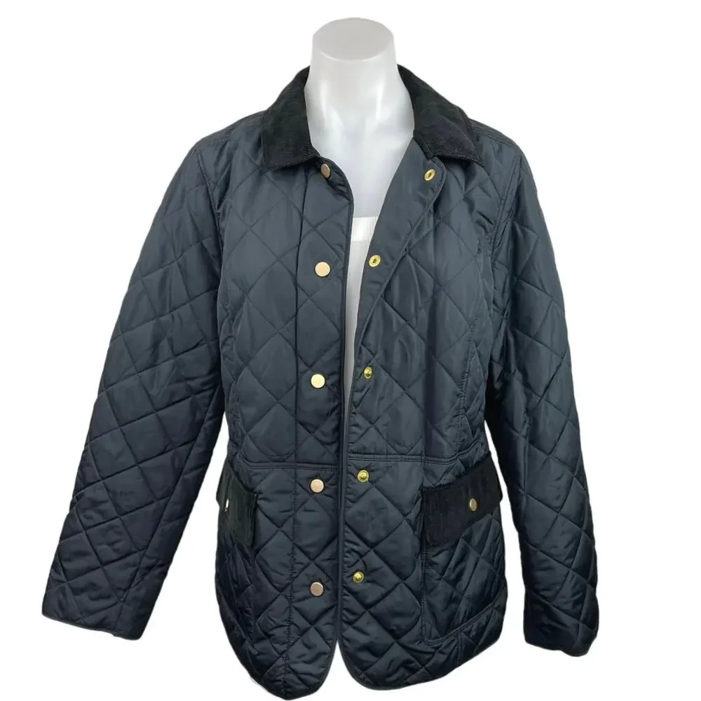 Charter Club Navy Corduroy Trim Snap Buttons Quilted Puffer Coat Jacket Sz M